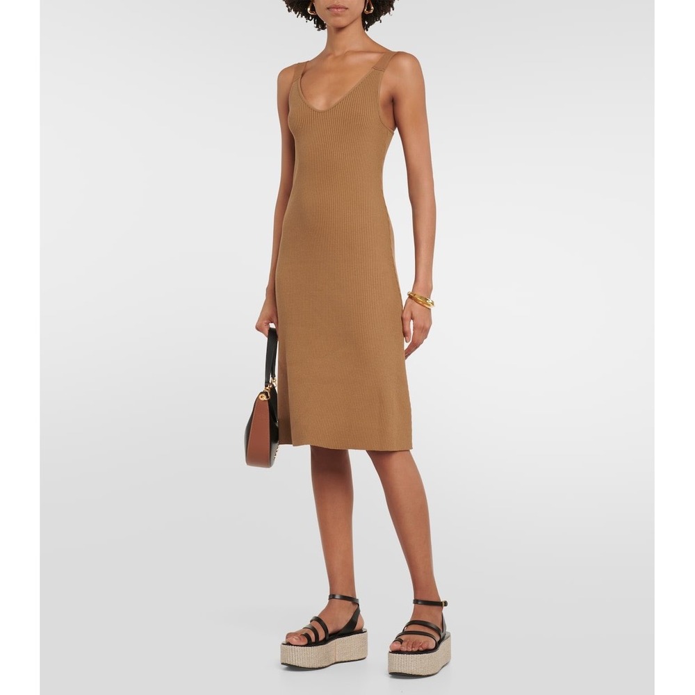 Vince Brown Ribbed Knit V-Neck Midi Dress Sleeveless Small